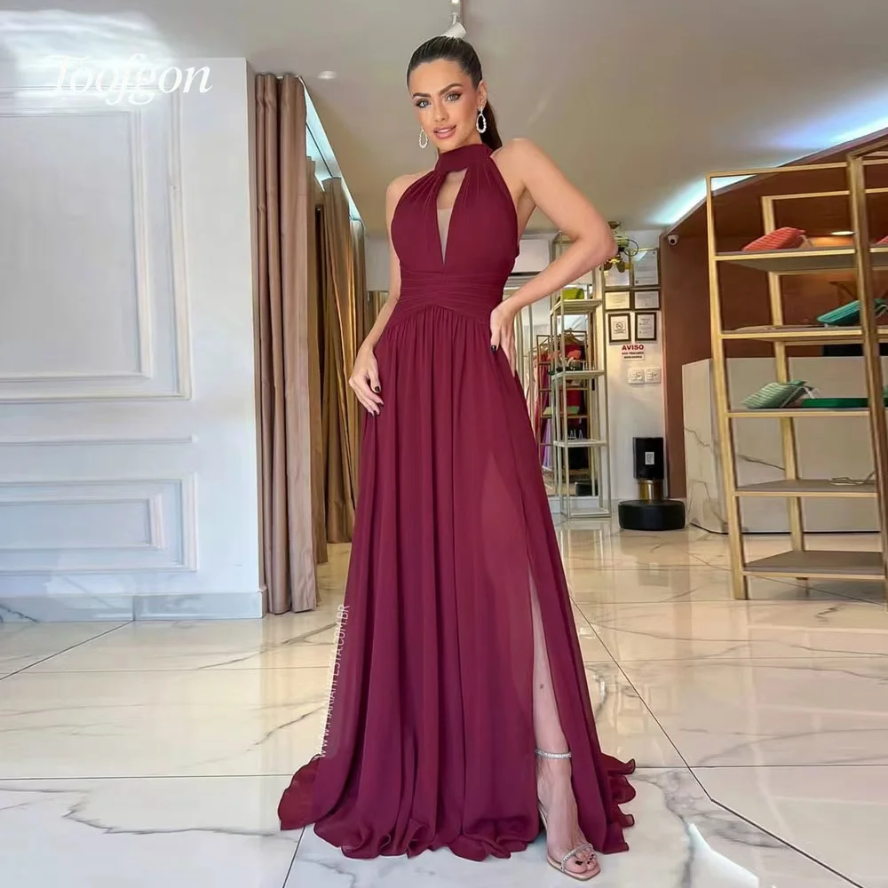 

Toofgon Burgundy Halter Chiffon Prom Dresses Long A Line Beach Party Dresses Customized Backless Leg Slit Vestidos De Festa