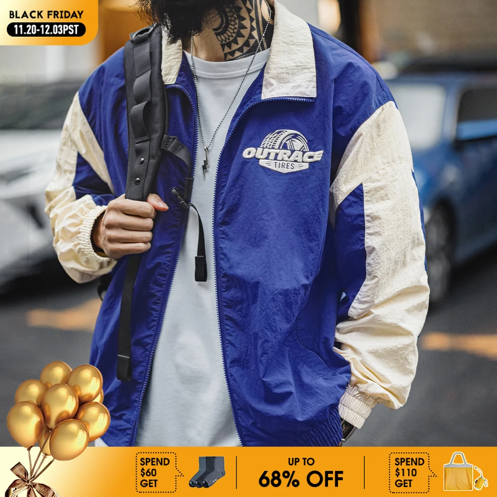 

Maden Vintage Splice Racing Jacket Men's Spring Embroidered Outdoor Motorcycle Style Zip-Up Outerwear Lapel Casual Blue Jackets