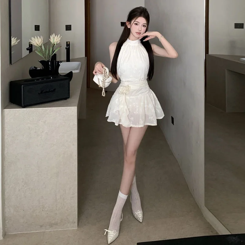 France Sweet Sleeveless Party 2-piece Set Women Summer Design Chic Thin Slim Off Shoulder Tops + High Waist Ruffle Short Skirt