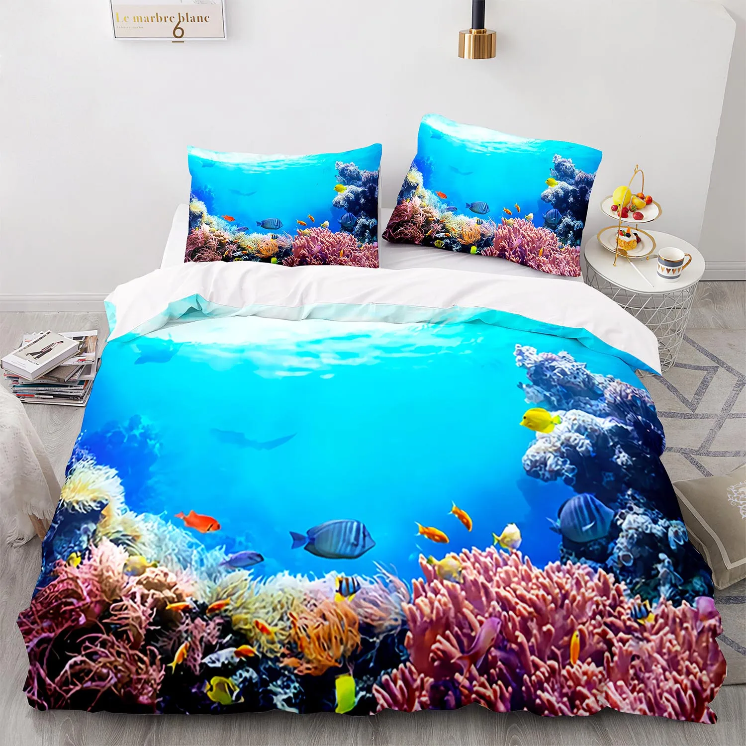 Blue Sea World Bedding Sets 3D Print  Sea Animal Dolphins Sharks And Cartoon Quilt Queen Duvet Cover Set Kids Adult Bedclothes