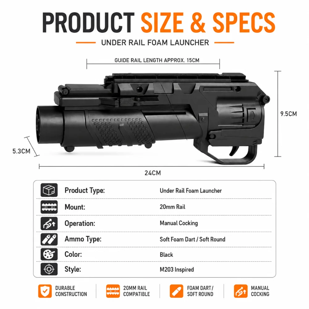 M203 Replica Foam Soft Dart Launcher Attachment Fit All 20mm Rail Hobby Game Custom Modification Parts