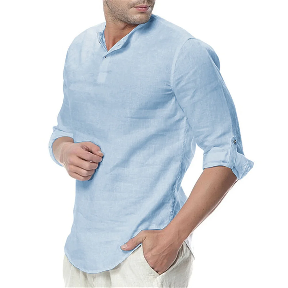 Camisa de manga comprida de linho algodão masculina, tops havaianos soltos masculinos, respirável, confortável, casual, estilo fashion, monocromática