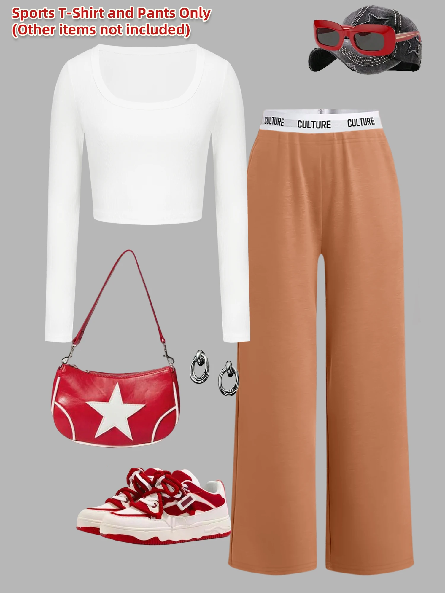 

Y2K Style 2-Piece Set, Ribbed Long Sleeve Crop Top + Wide Leg Pants with Letter Waistband Detail
