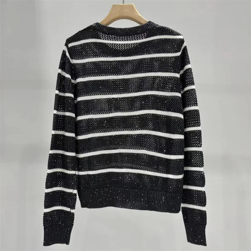 2025년 가을 신상 여성용 스웨터, 신축성 있는 슬림핏 긴팔 상의, 스팽글 혼방 라운드넥 풀오버 스트라이프 니트웨어