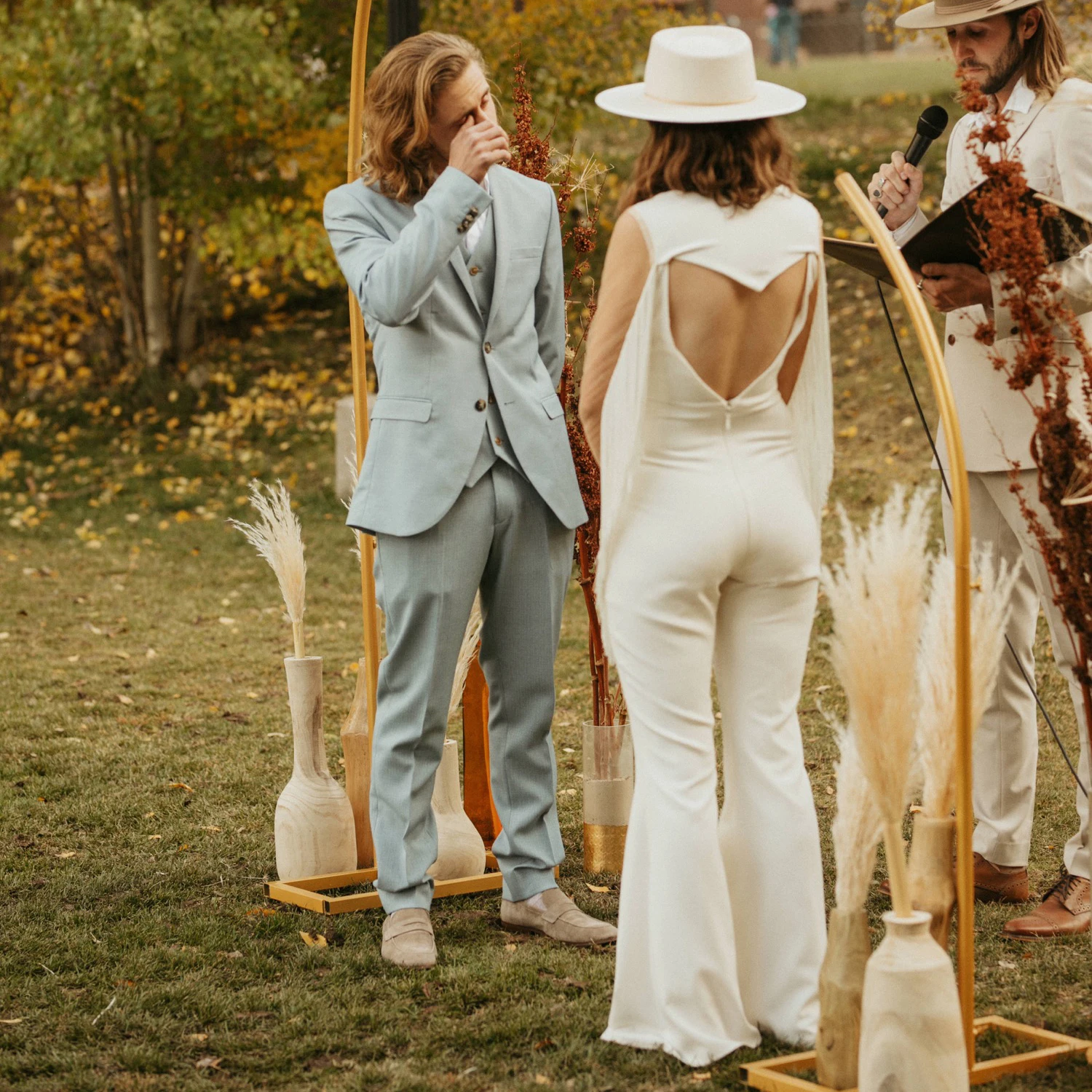 Customized Long Sleeves Bell Bottom Bridal Jumpsuit V Neck Fringed Open Back Simple Crepe Ivory Tassels Wedding Pant Trousers