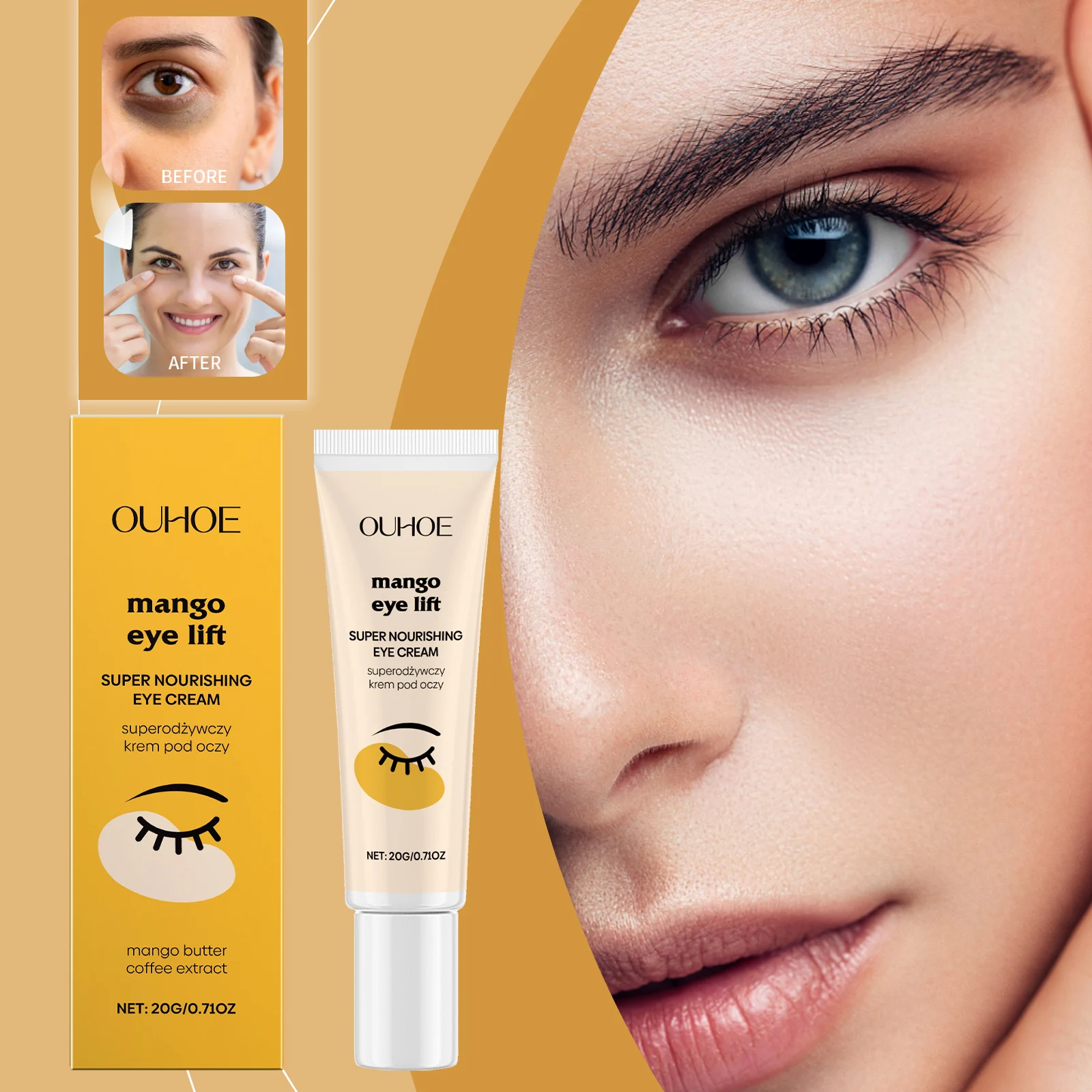 Mango Eye Lift Cream – Super nährende Augenbehandlung mit Mangobutter- und Kaffeerextrakt, Anti-Aging-Augencreme für Augenringe