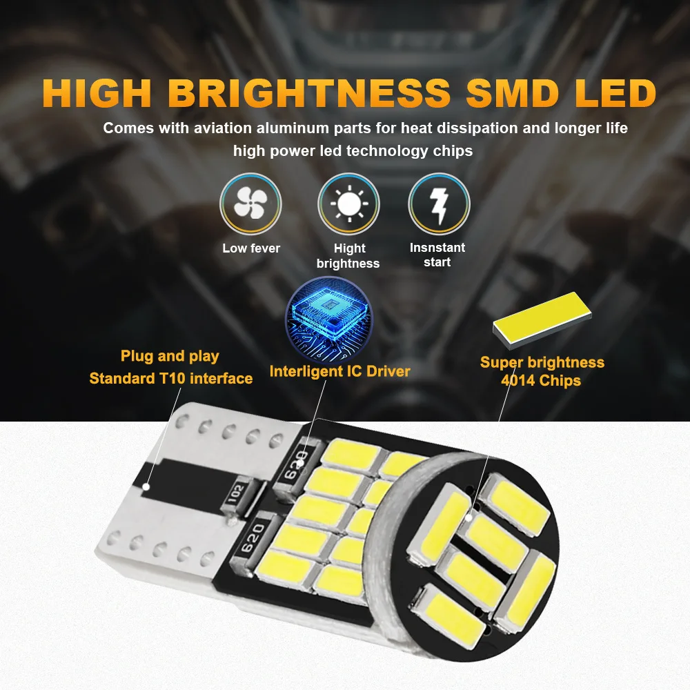 10/20pcs T10 W5W LED Bulbs 4014 26SMD Canbus 194 501 Signal Lamp White For Car Interior Parking Position Map Dome Light