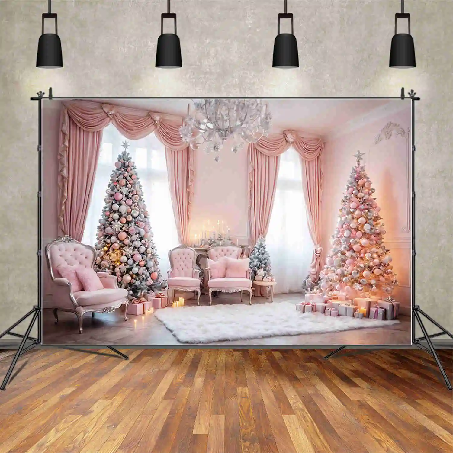 MOON.QG Christmas Tree Home Decoration Photography Background Pink Fireplace Curtain Sofa New Year Photo Backdrop Shooting Props