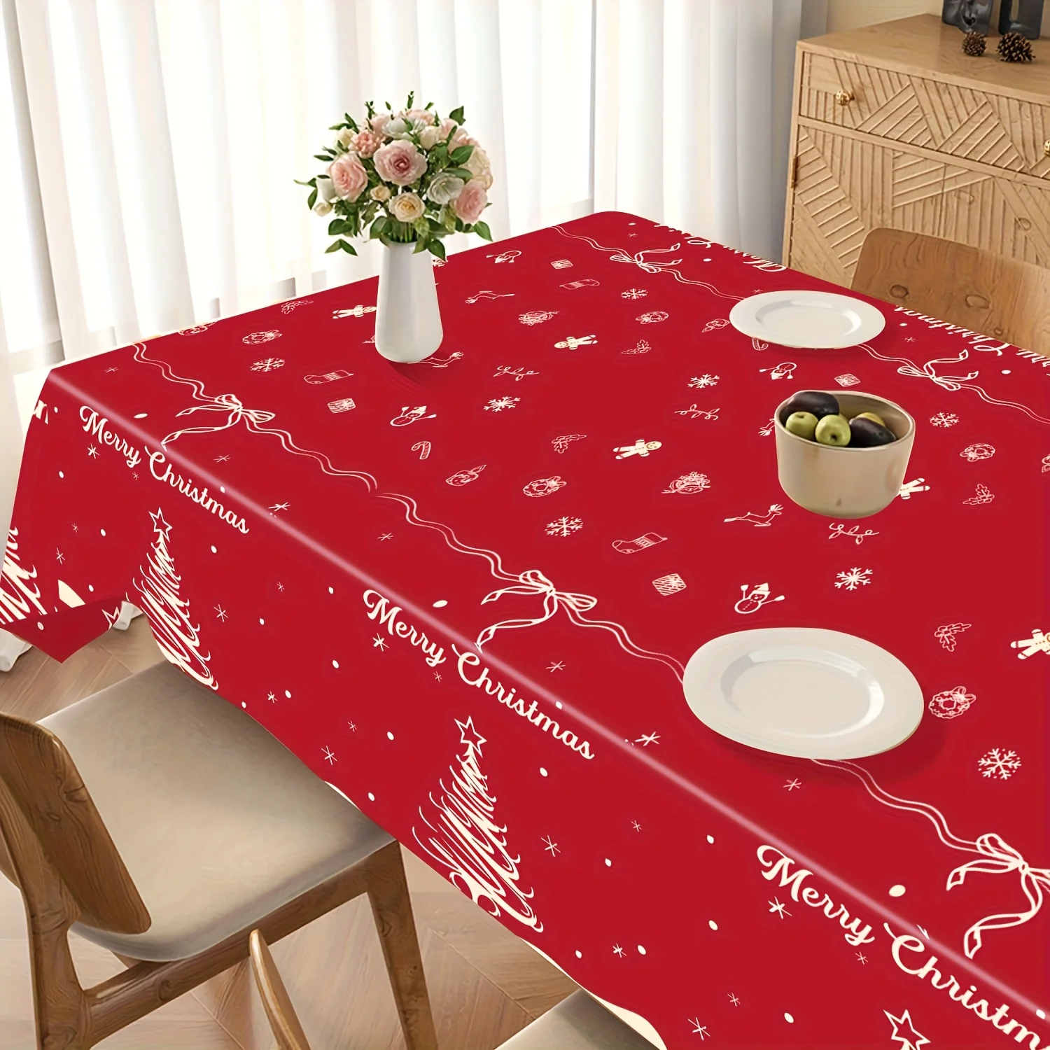 2Pcs Christmas Disposable Plastic Tablecloths, Rectangle Green Xmas Table Cover, Indoor Outdoor Winter Holiday Family Party Tabl