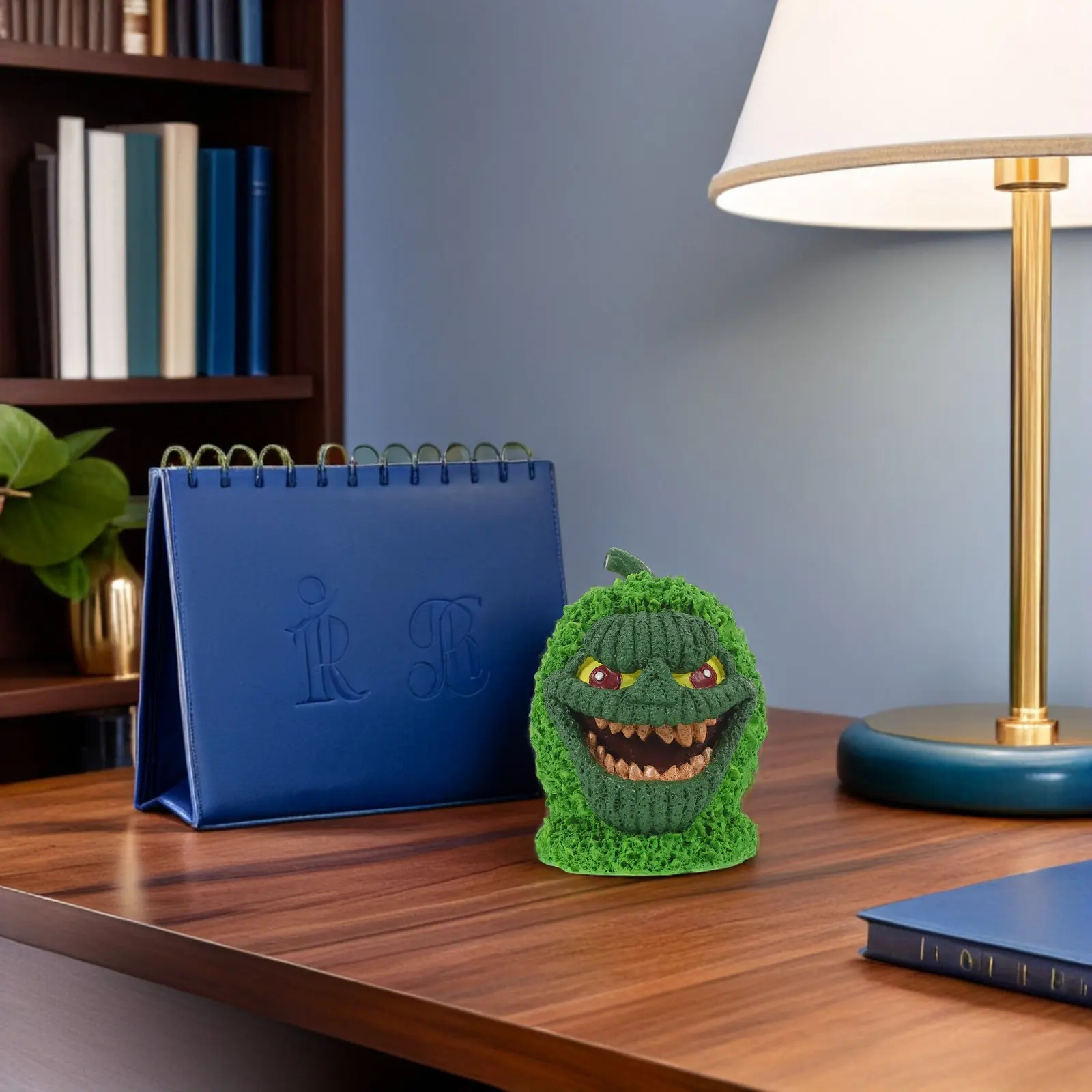 Green Pumpkin Resin Monster Statue Gothic Halloween Jack O Lantern Spooky Tabletop Mantel Shelf Haunted Decor