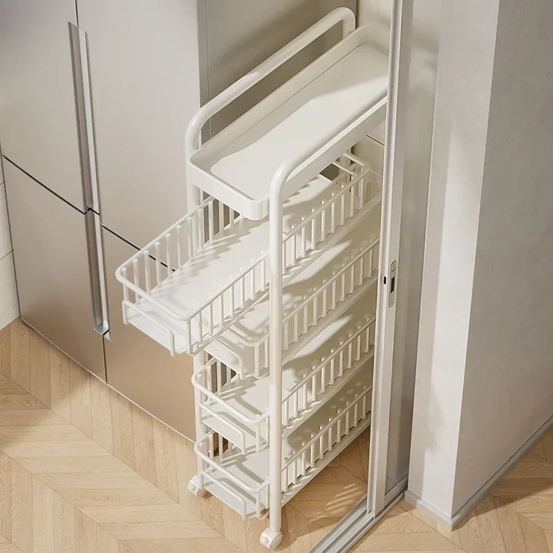 Side of Refrigerator Storage Rack Ultra Narrow Pull-out Seasoning Rack Multifunctional Bathroom Shelf with Pulley Kitchen Cart