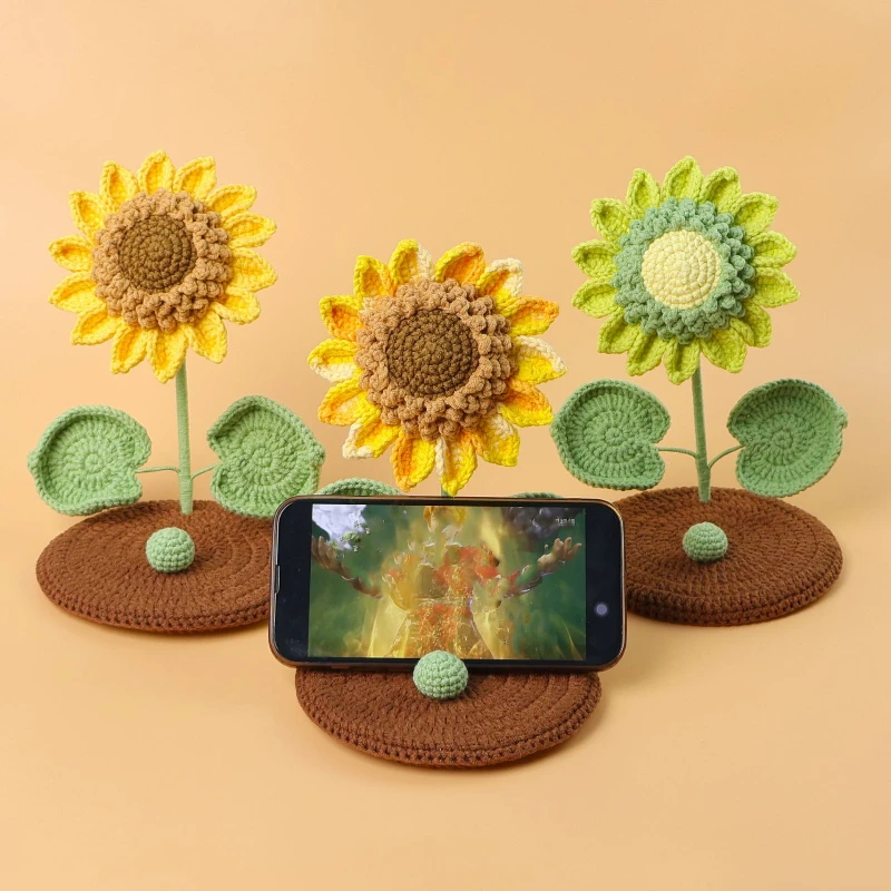 

Handmade Crochet Sunflower Mobile Phone Holder Ornaments Simulated Flowers Office Decor Knitting Flowers Potted Birthday Gift