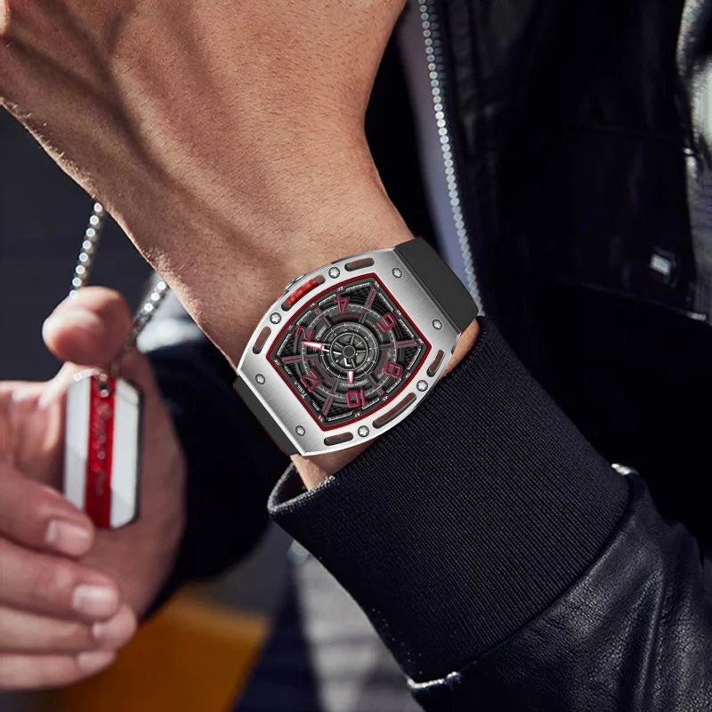 TVSILA Original Miyota Men's Automatic Mechanical Watch Stainless Steel Case Silicone Band Skeleton Waterproof Sport Wristwatch