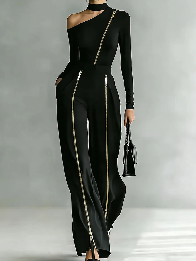 

2026 Women's Long Sleeve Pullover Top and Wide Leg Pants Set Solid Zipper Patchwork Spring Summer Outfit Streetwear