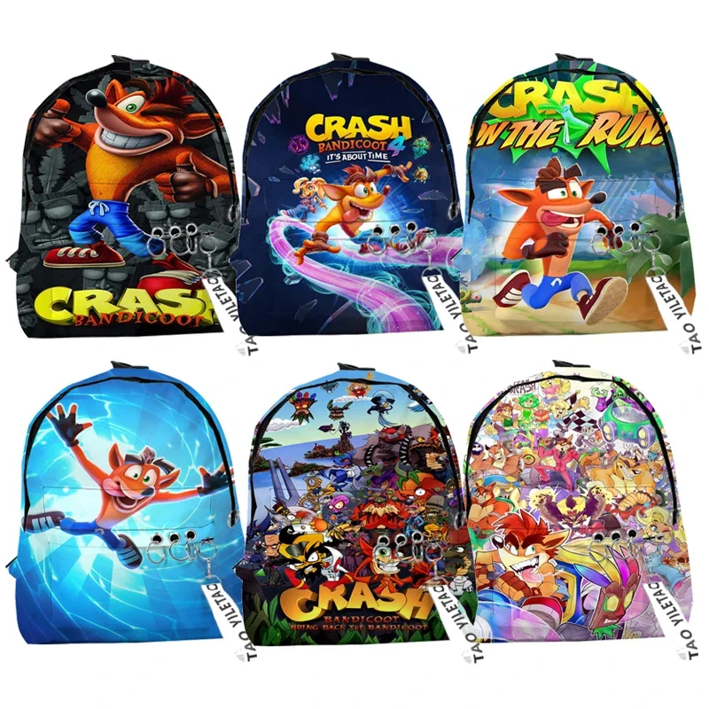 

Crash Bandicoot On the Run School Backpacks Boys Girls Cute Small Travel Bags 3D Print Oxford Waterproof Key Chain Notebook Bags