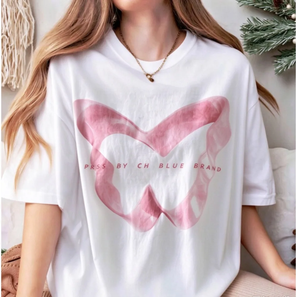 Pink Butterfly Graphic T-shirt Women Casual Loose Short Sleeve Tee PRSS BY CH BLUE BRAND Print Aesthetic Streetwear Tops