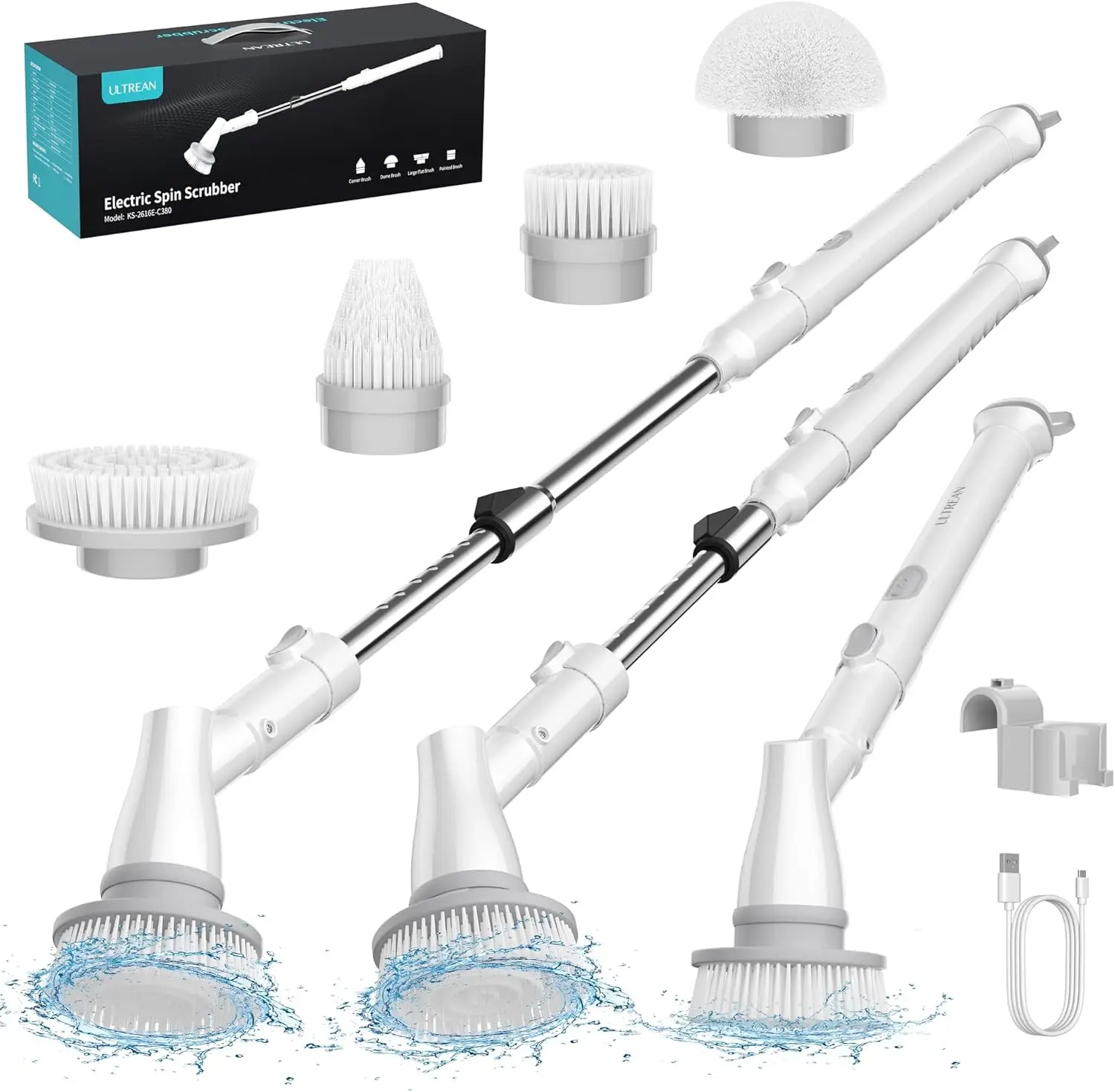 

Cordless Electric Spin Scrubber with 4 Brush Heads, Adjustable Handle, 2 Speeds for Bathroom Tile Floor Tub Cleaning