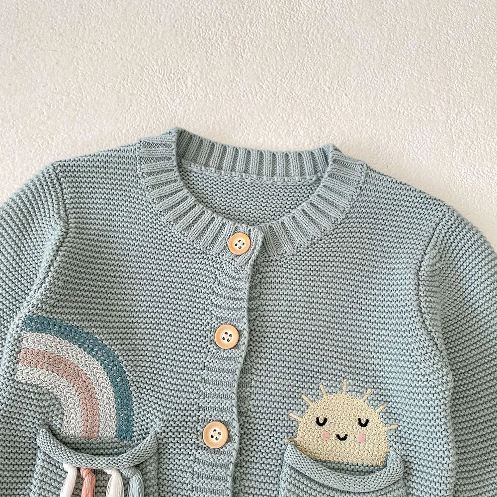 2024 Autumn Baby Clothes 0-3Y Cartoon Rainbow Sun Girls Jacquard Sweaters Boys Knitted Cotton Cardigan Coat Toddler Tops