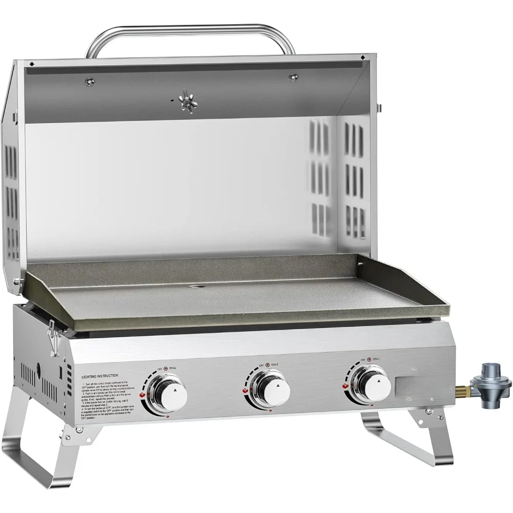 Flat-top gas grill, collapsible legs, 3-burner stainless steel propane gas grill, 24-inch portable tabletop grill