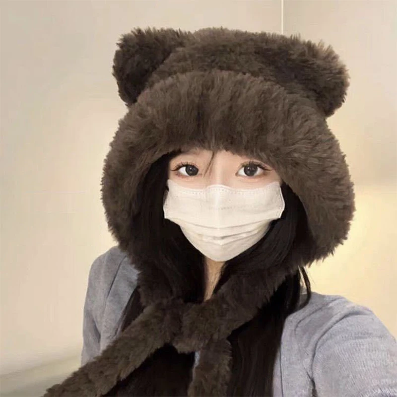 Autumn And Winter New Bear Ear Strap Lei Feng Hat Women's Korean Cute Warm Ear Protection Knitted Wool Hat - view 3