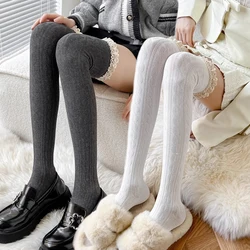 Knitting Thigh High Lace Up Stockings Thermal Warm Women Trendy Casual Over The Knee Female Cotton Long Socks Tall Tube Leggings
