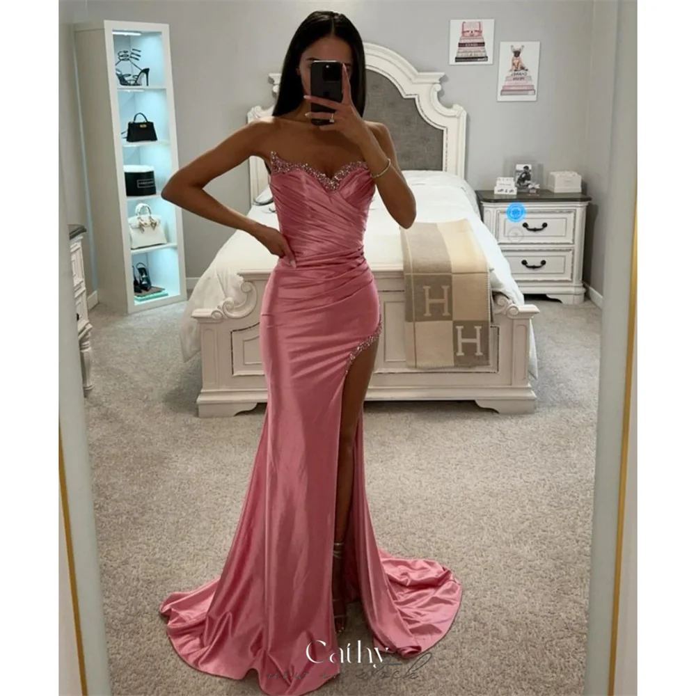 

Cathy Pink Satin Wedding Dresses Strapless Mermaid vestidos de noche Elegant Sleeveless Side High Split Formal Evening 2024