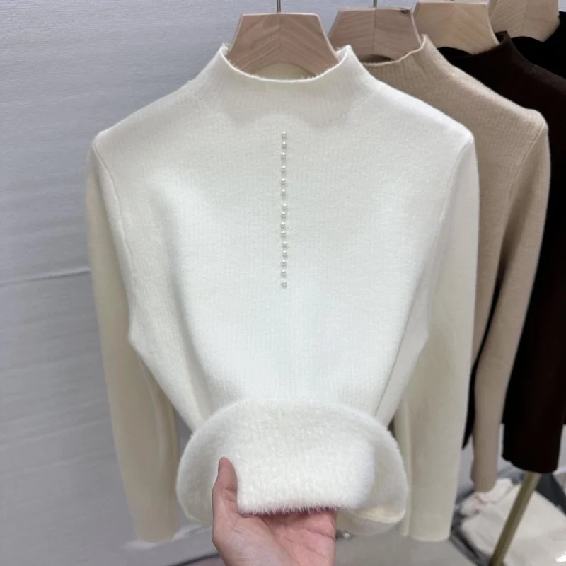 

Fce Lined Beaded Knit Sweater f High Collar Base Layer Autumn Winter New Sle Women's Pure Color Commute Slim Fit Long...
