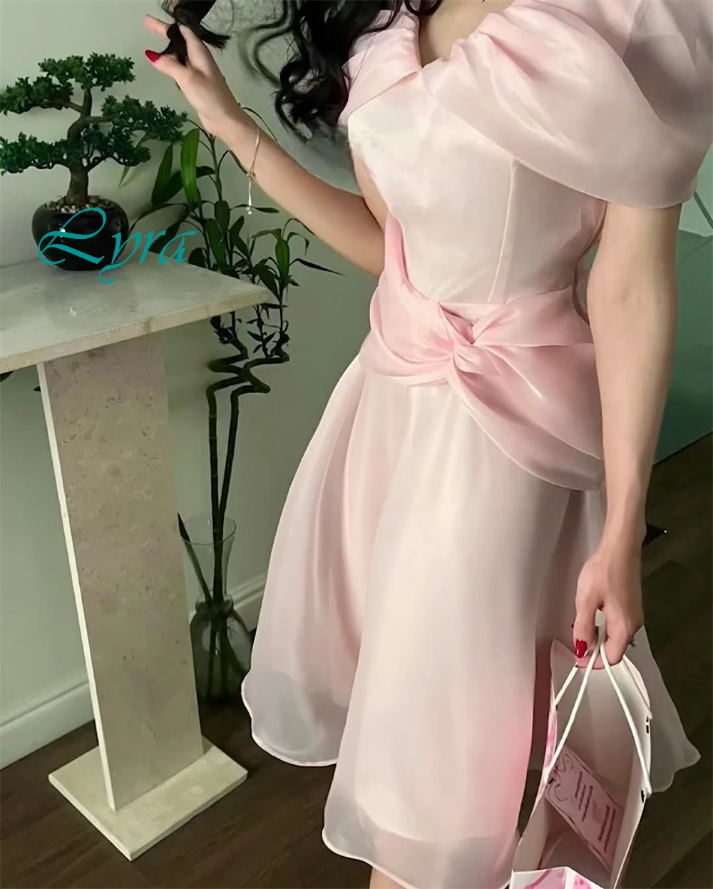 Customized Pink Tea Length V-Neck Organza Evening Dress  Exquisite Prom Dress  Graceful Temperament  Special Occasion Gowns