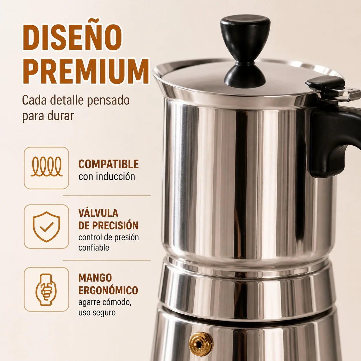 Cafetera Italiana de Acero Inoxidable para Inducción, Moka Pot de 300ml para 4 Tazas, Cafetera Espresso Manual con Mango Ergonómico y Válvula de Seguridad, Diseño Premium 18cm