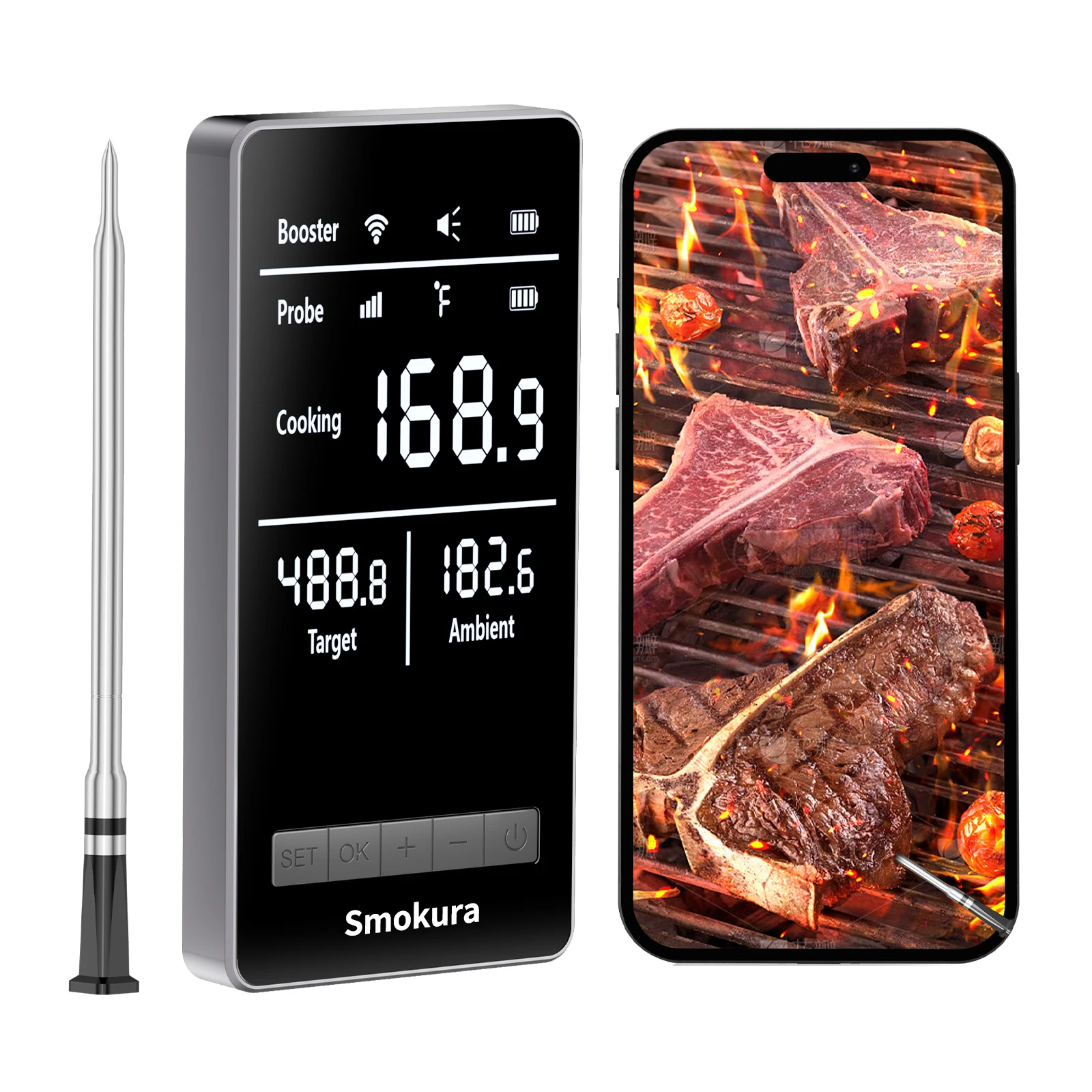 

WiFi Sub-1g Wireless Meat Thermometer IP67 Waterproof Probes with LCD Screen Booster Rechargeable for Grilling Smoker BBQ Oven