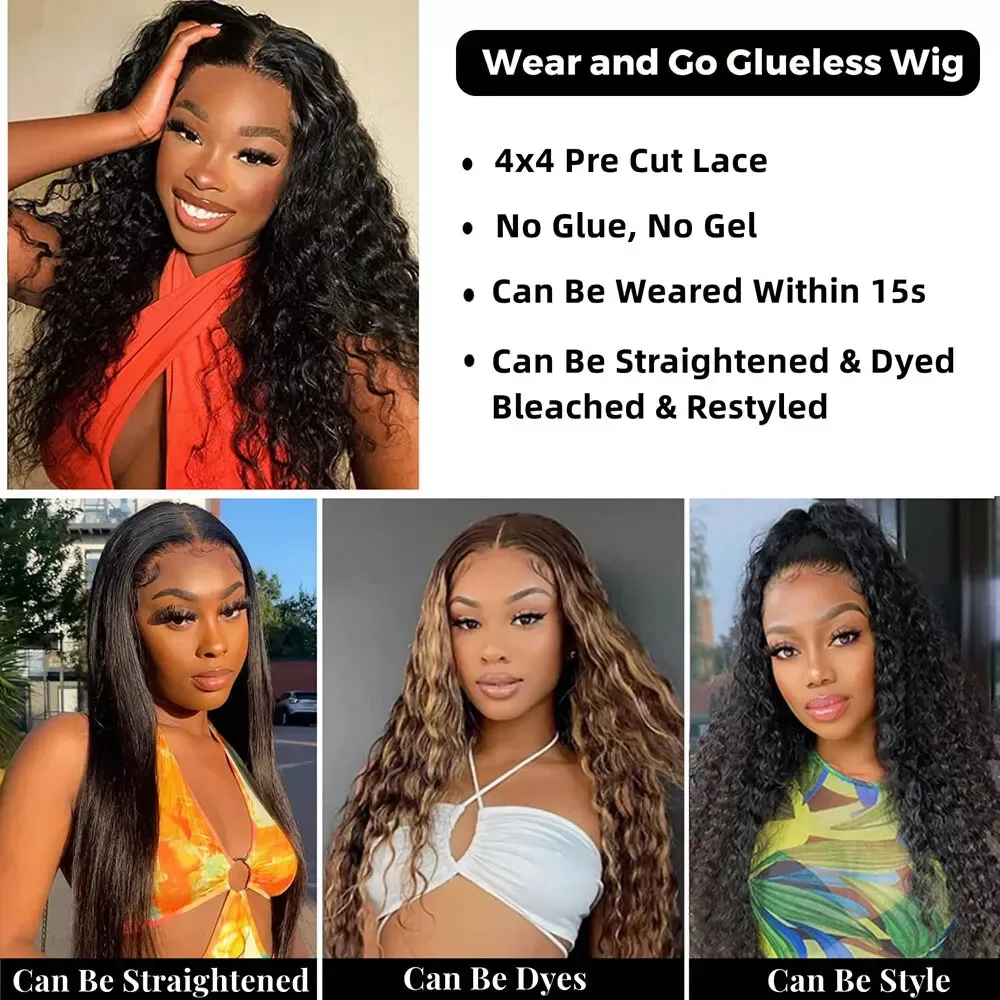 Deep Wave Glueless Wigs Human Hair Wear And Go Brazilian Remy Deep Wave Lace Front Wig Pre Plucked Pre Cut Lace 4x4 Closure Wig