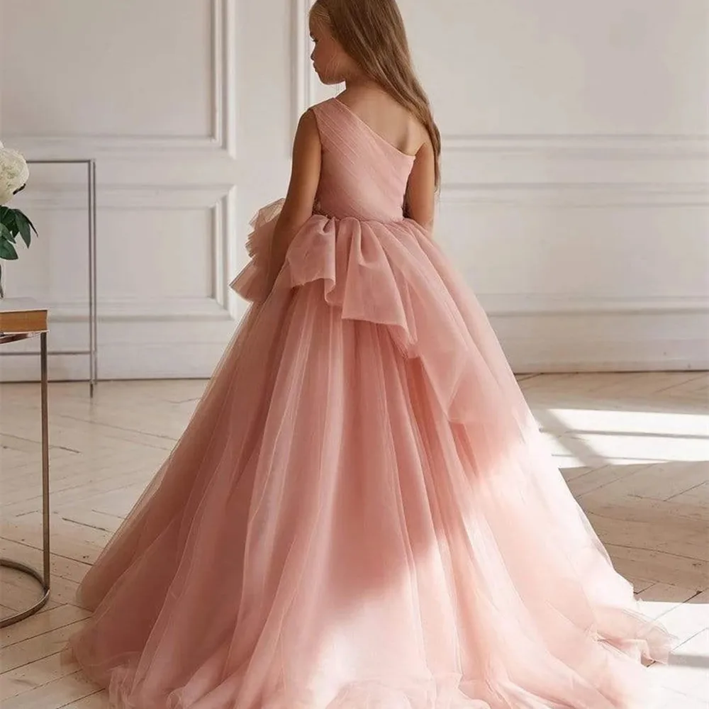 Vestidos de flores Vintage para niña pequeña, vestidos de boda rosas de encaje de manga larga con cuello transparente, vestidos de desfile de comunión baratos