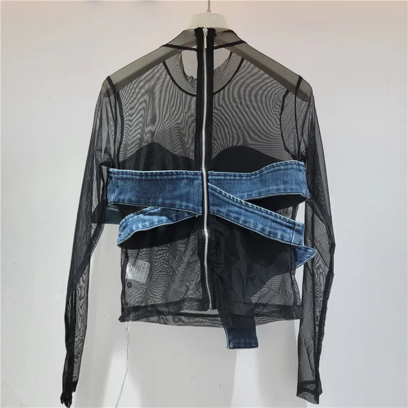 Women Denim T Shirts Tops Spliced Tees Sheer Layered Bow Mesh Long Sleeves Round Neck Slight Strech Slim Streetwear 2026 Summer