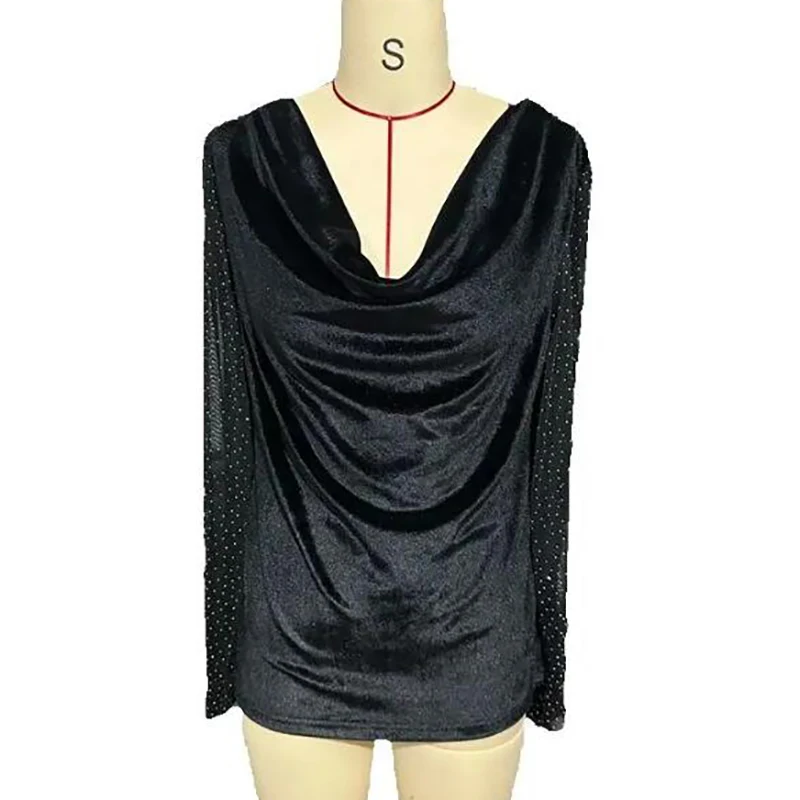 

New Women's Long Sleeve Cowl Neck Velvet T-Shirt Women Elegant Diamond Mesh Sleeve Loose Tee Tops Christmas Women Shirt Red