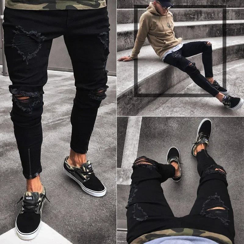 

Men Jeans Pencil Pants Denim Holes Spliced Sheath Patchwork Mid Waist Washing Slim Slight Strech Ankle Length Moto Biker