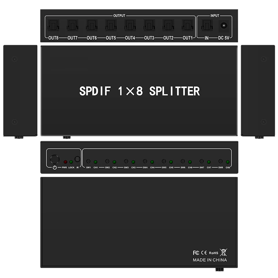 Optical Audio Splitter,1 in 8 Out Fiber Optic Digital Toslink S/PDIF Splitter for Home Theater,Speakers,PlayStation,TVs,DVD Play