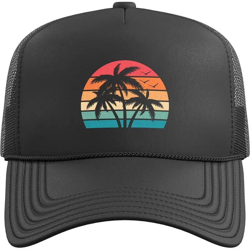 Retro Tropical Beach Palm Trees Hawaii Sunset Men Women Kids Trucker Hat with Adjustable Mesh Back