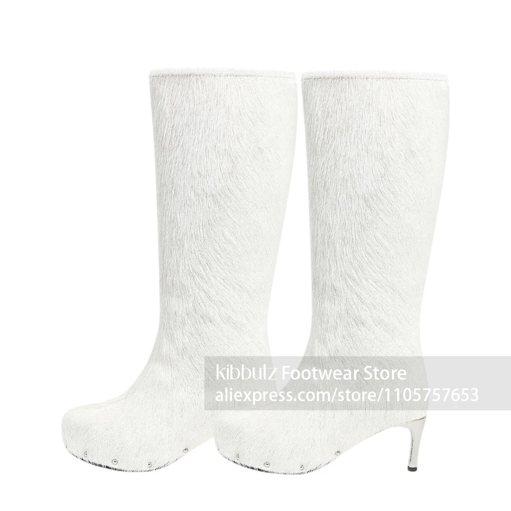 Round Closed Toe Round Toe Knee High Boots Rivet Decor On Platform Boots Hidden Thick Platform Sole Pull On Stiletto Heel Boots