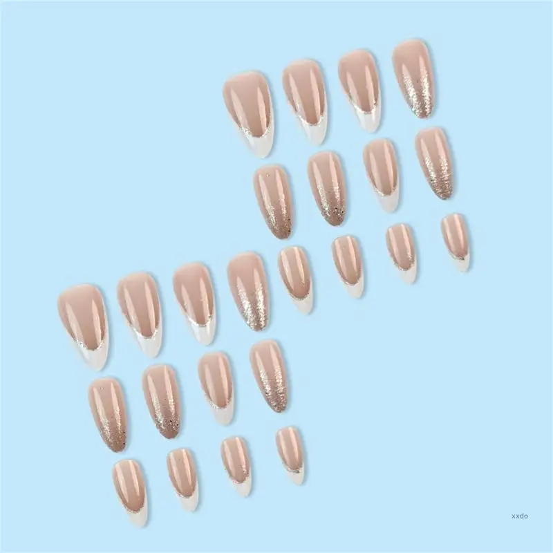 Medium Length Artificial Nail Press On Nail Sparkling Full Cover Stick on Nail White French Tip False Nail for Woman