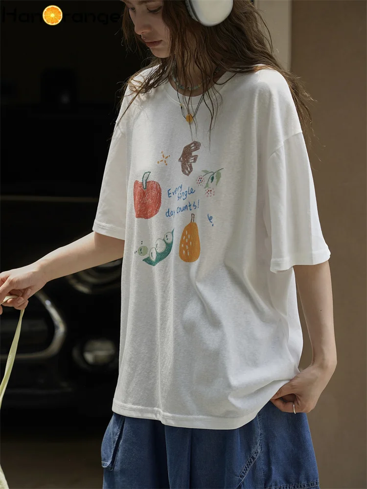 HanOrange Women Summer Cotton Printed Short Sleeve T-shirt 2026 Lightweight Breathable Top Tees White/Light Gray