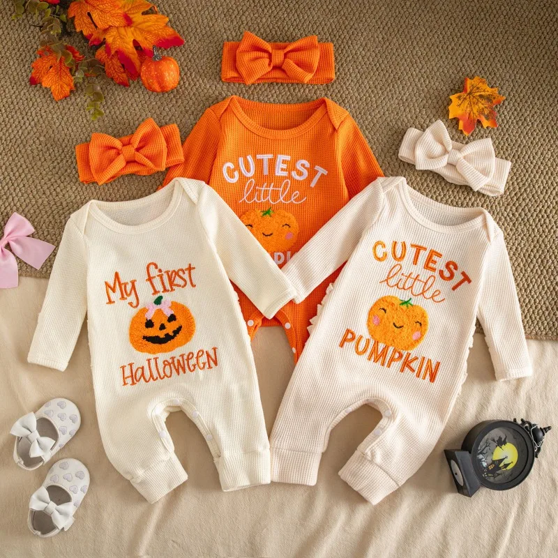Cutest Little Pumpkin Waffle Baby Romper with Headband Newborn Infant Toddler Halloween Bodysuit Outfit Clothes