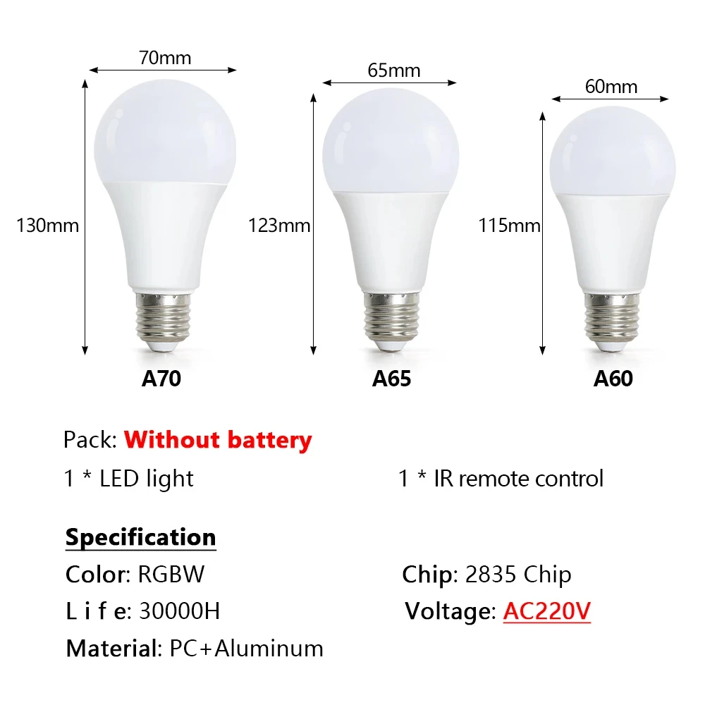 E27 RGB LED Globe lampadine AC 220V 12W 9W 7W A60 A65 A70 cambia colore con telecomando IR 24 tasti 16 colori dimmerabile