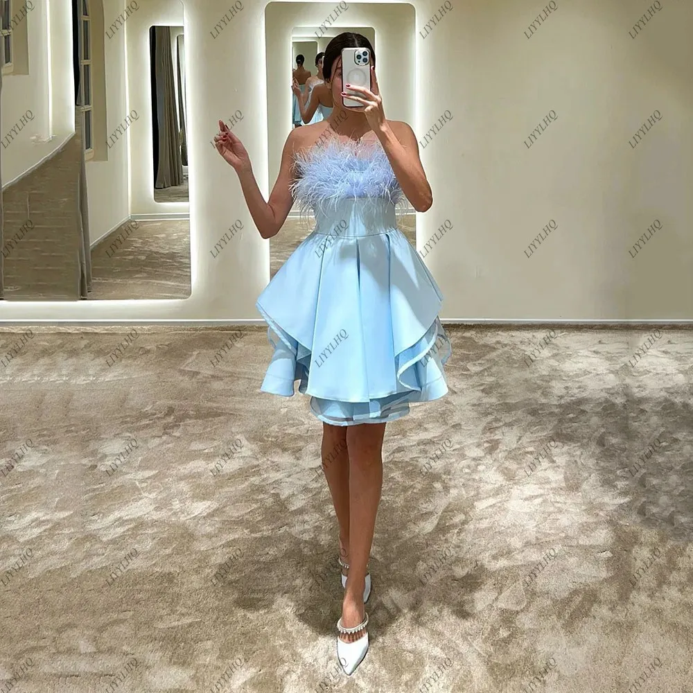 

LIYYLHQ Sky Blue Wedding Party Dress Ruffles Layered Mini Cocktail Gowns Short Satin Feathers Pleats Prom Dresses