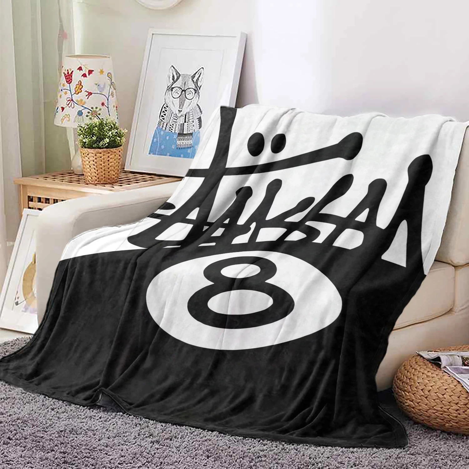 Black 8‑Ball Billiard Print Flannel Blanket Black White Graphic Soft Warm Sofa Bed Blanket Home Decor Hobby Lover Gift