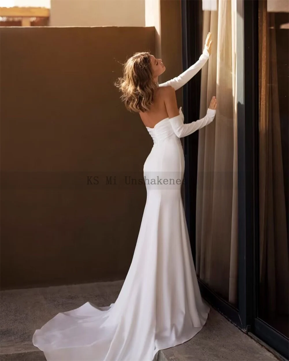 Vestidos de novia de sirena plisados sin tirantes, vestido de novia blanco, Simple, barato, lado dividido, China