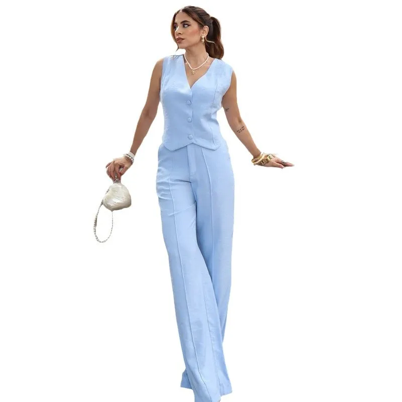 Traje de mujer, chaleco, pantalones de pierna ancha, ropa de mujer de gama alta, conjunto informal de dos piezas de moda de verano