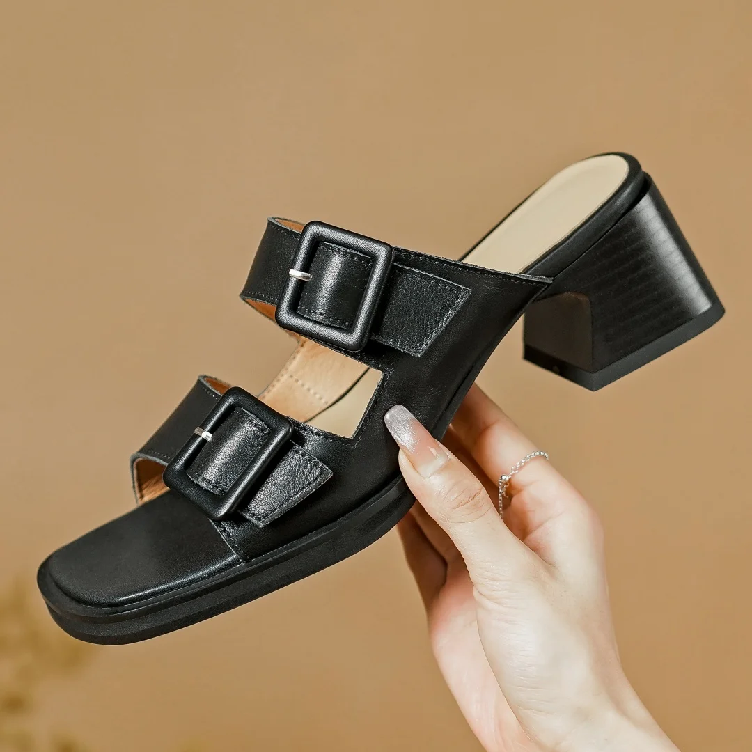 Women's genuine leather double metal buckle slip-on summer slides open toe 4.5cm thick med heel elegant ladies heeled sandals