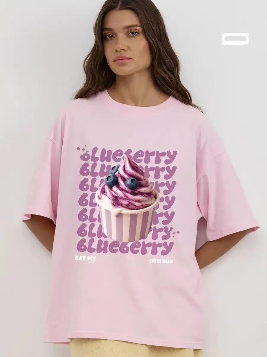 Blueberry Ice Cream Cup Printed Russian Style Pink Sweet Girl Women's Tshirt Clothing Short Sleeve O-neck Y2k Vintage Street Tee