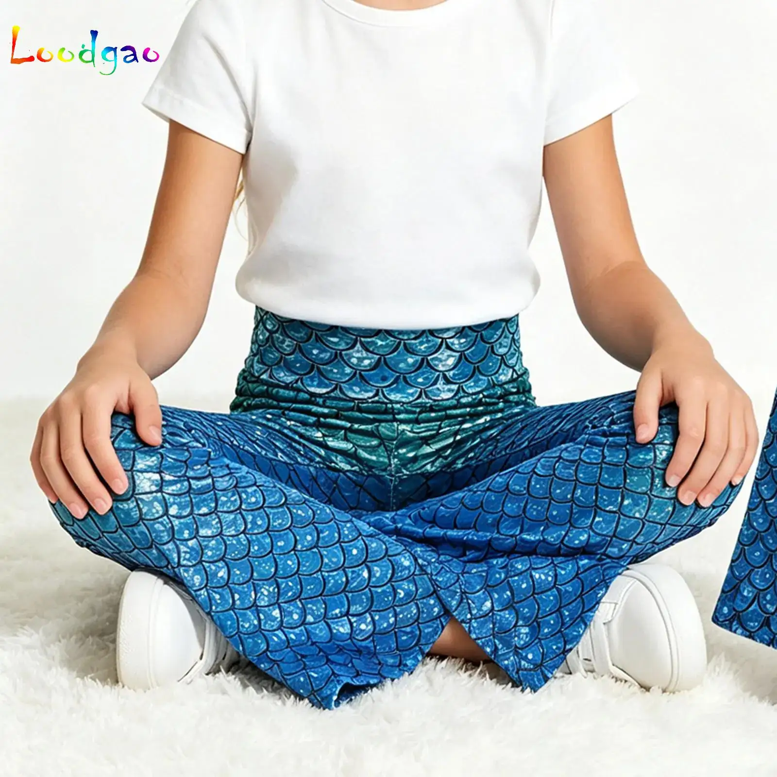 

Kids Girls Pants Stylish Fish Scale Printed High Waist Flared Long Pants Bell Legging Dance Trousers Children Party Clothes