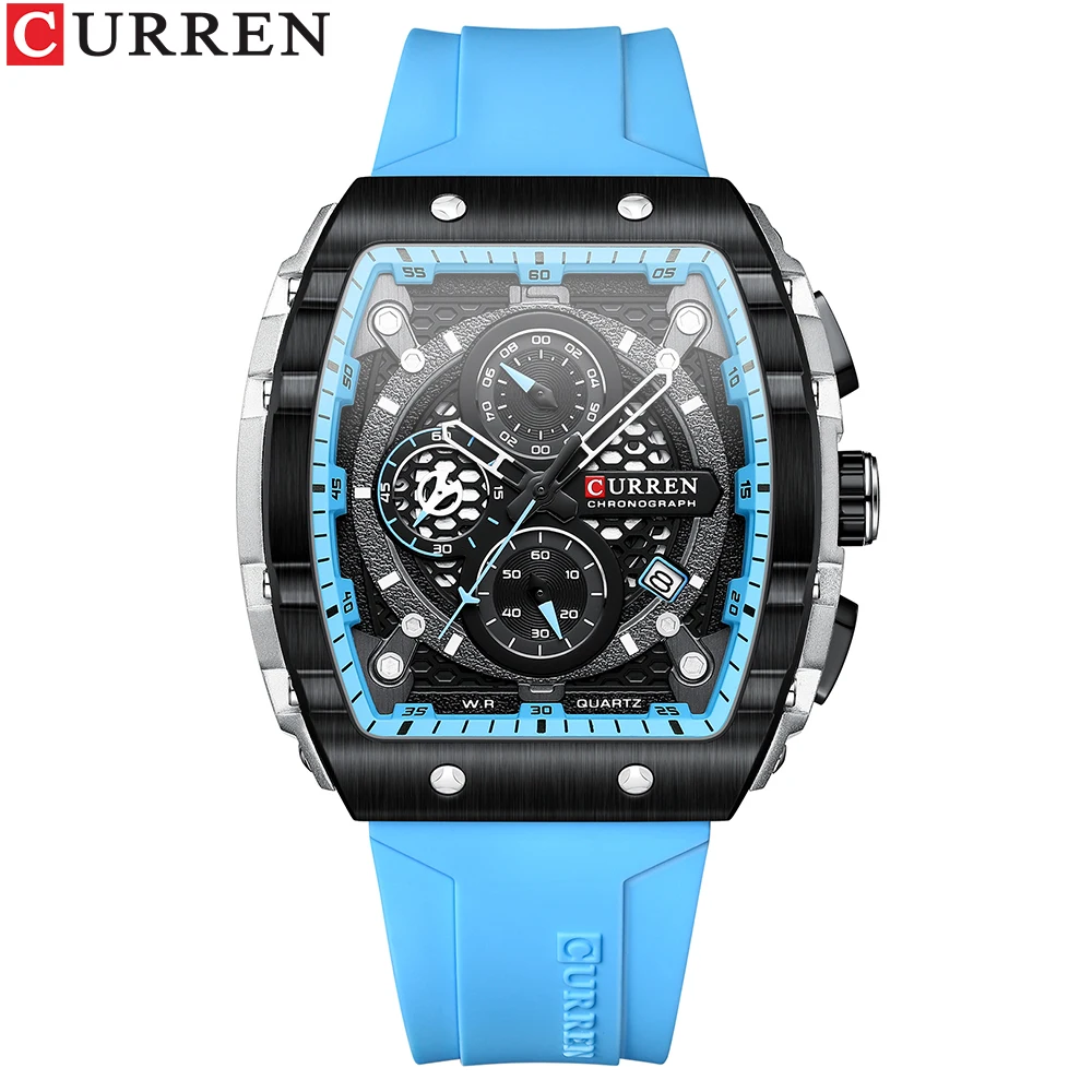 CURREN Tonneau Dial Sport Watch for Men Fashion Waterproof Quartz Wristwatch with Auto Date Yellow Silicone Strap Luminous